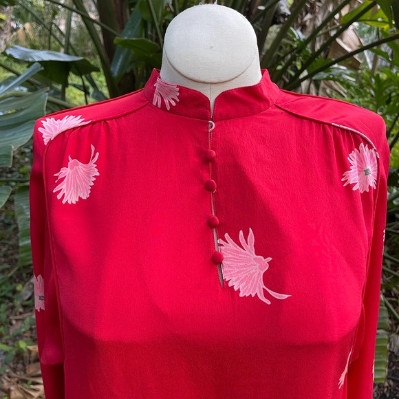 Vintage 70s Red Silk Asian Inspired Dress Floral Long Sleeve Rita Angelo M L - Picture 11 of 13